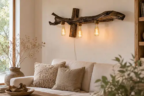 Exclusieve houten wandlamp van Pimpan Artesano geplaatst in luxe interieur