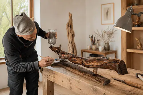 Ambachtelijke creatie van een handgemaakte houten wandlamp in het atelier van Pimpan Artesano