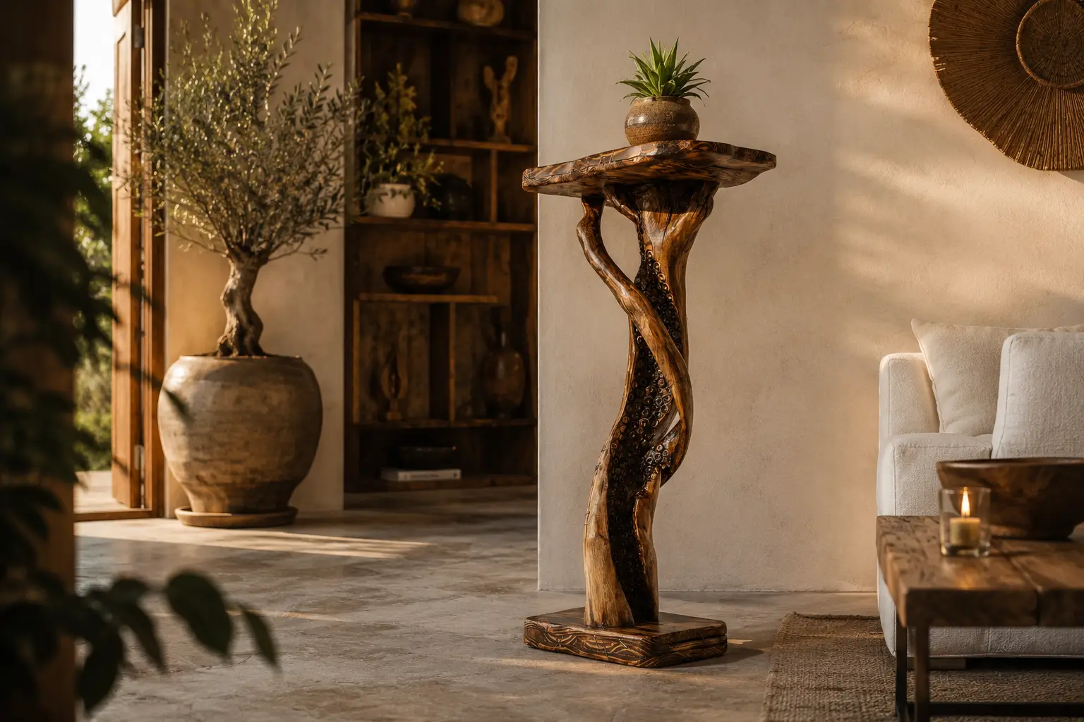Handgemaakte meubelkunst en exclusieve design tafel van hout in luxe interieur van Pimpan Artesano