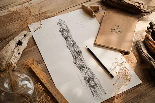 Handgemaakte schets van maatwerk houten designlamp op tafel bij Pimpan Artesano