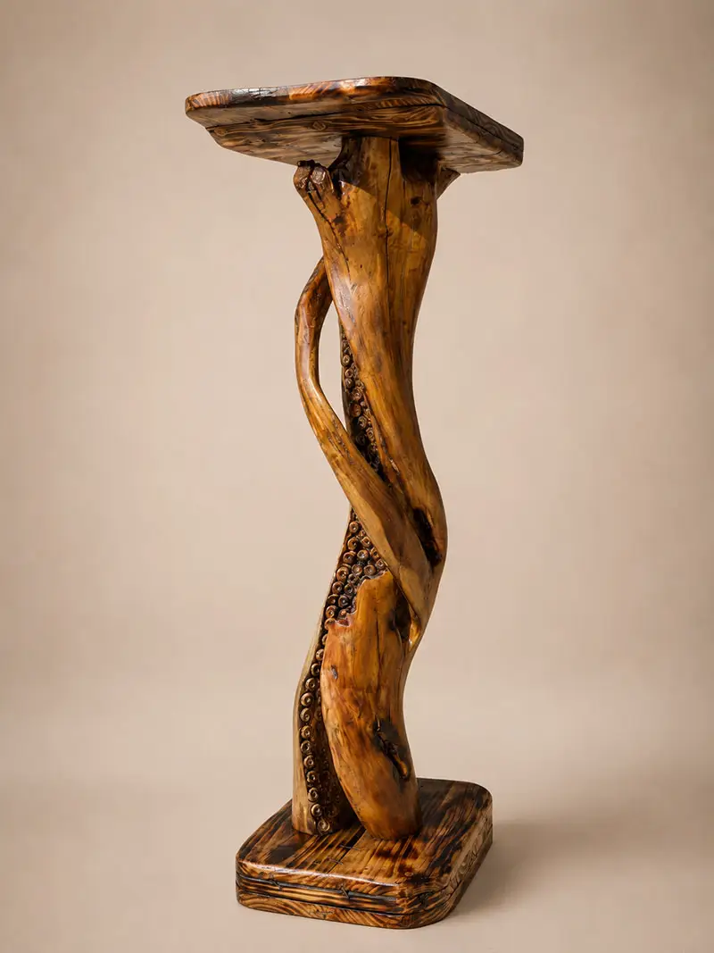 Zijaanzicht van exclusieve houten design bijzettafel met gedraaide boomstam structuur