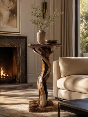 Luxe houten design bijzettafel Raíz Imperial in elegante woonkamer